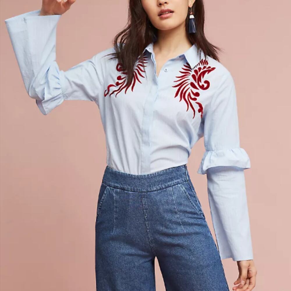 Anthropologie Hemant & Nandita Hudson Striped Embroidered Ruffle Shirt 10 NWT